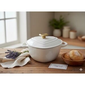 Paris Hilton Heart Shaped Cast Iron Dutch Oven Cream White Gold Heart Knob 2qt